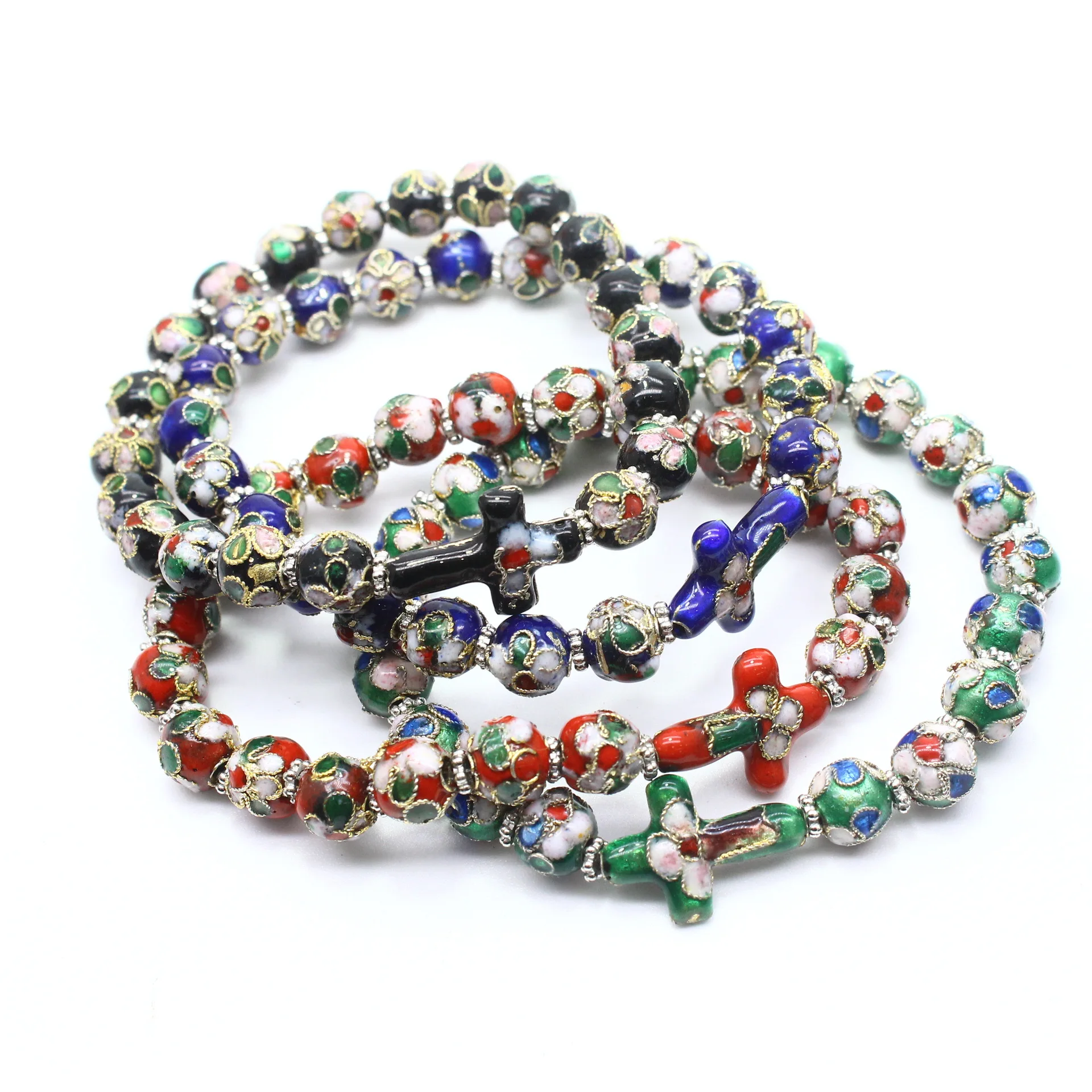 2022 Wholesale Handmade Cloisonne Beads Beaded Cross Crucifix Bracelet Elastic Rope  Prayer Bracelet