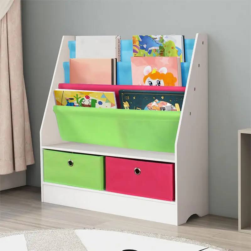 Exquisite US drop shipping retail comic book storage shelf with 2 fabric bins easy to built wood kids furniture bookcase