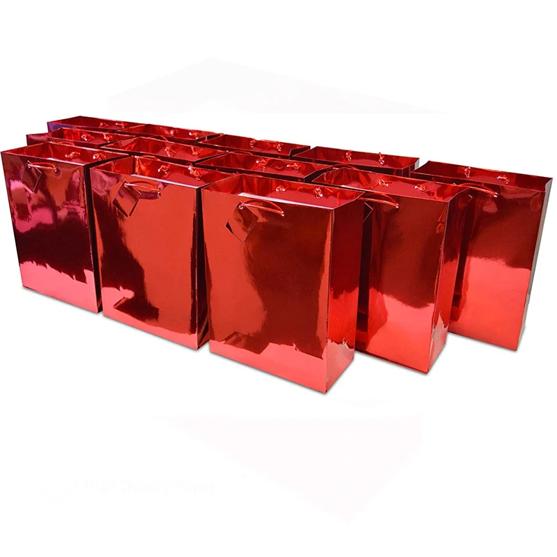 multiple sizes red foil print design sturdy rope handles stylish gold card shopping holiday presents metallic bags