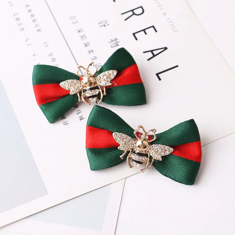Luxury Designer Catalog Crystal Diamond Bee Bow Duckbill Clip Girls Makeup Striped Hairclip Women Fashion Hair Accessories Gifts