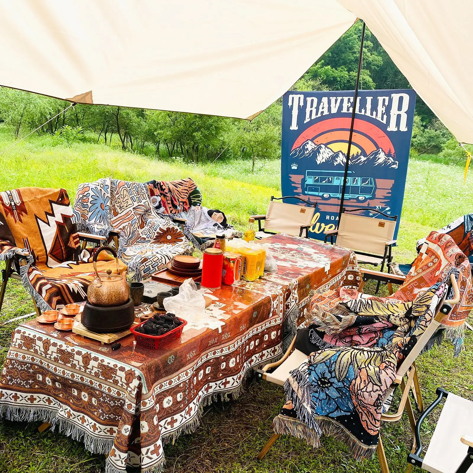 2023 Новое поступление, 100% хлопчатобумажные богемные коврики для пикника, тканые гобелены, одеяло для кемпинга на открытом воздухе