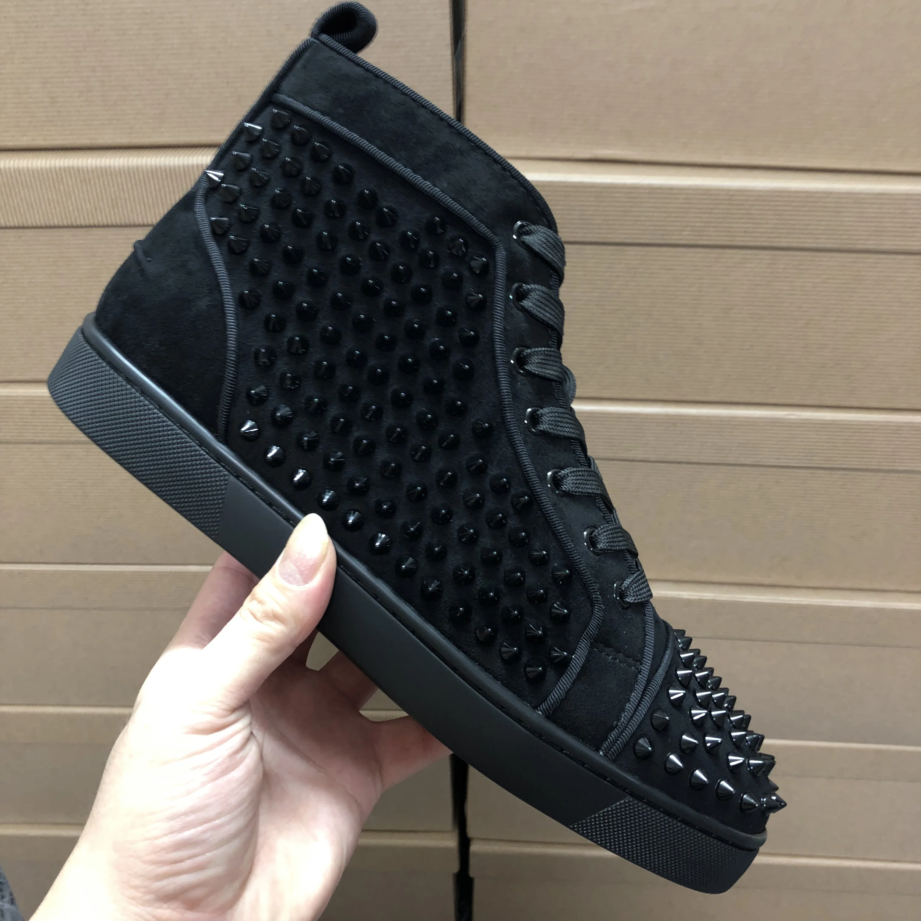 Wholesale Leather High Top Rhinestones Brand Mens Red Bottoms Spikes Shoes Famous Brands Luxury Designer Sneakers for Women