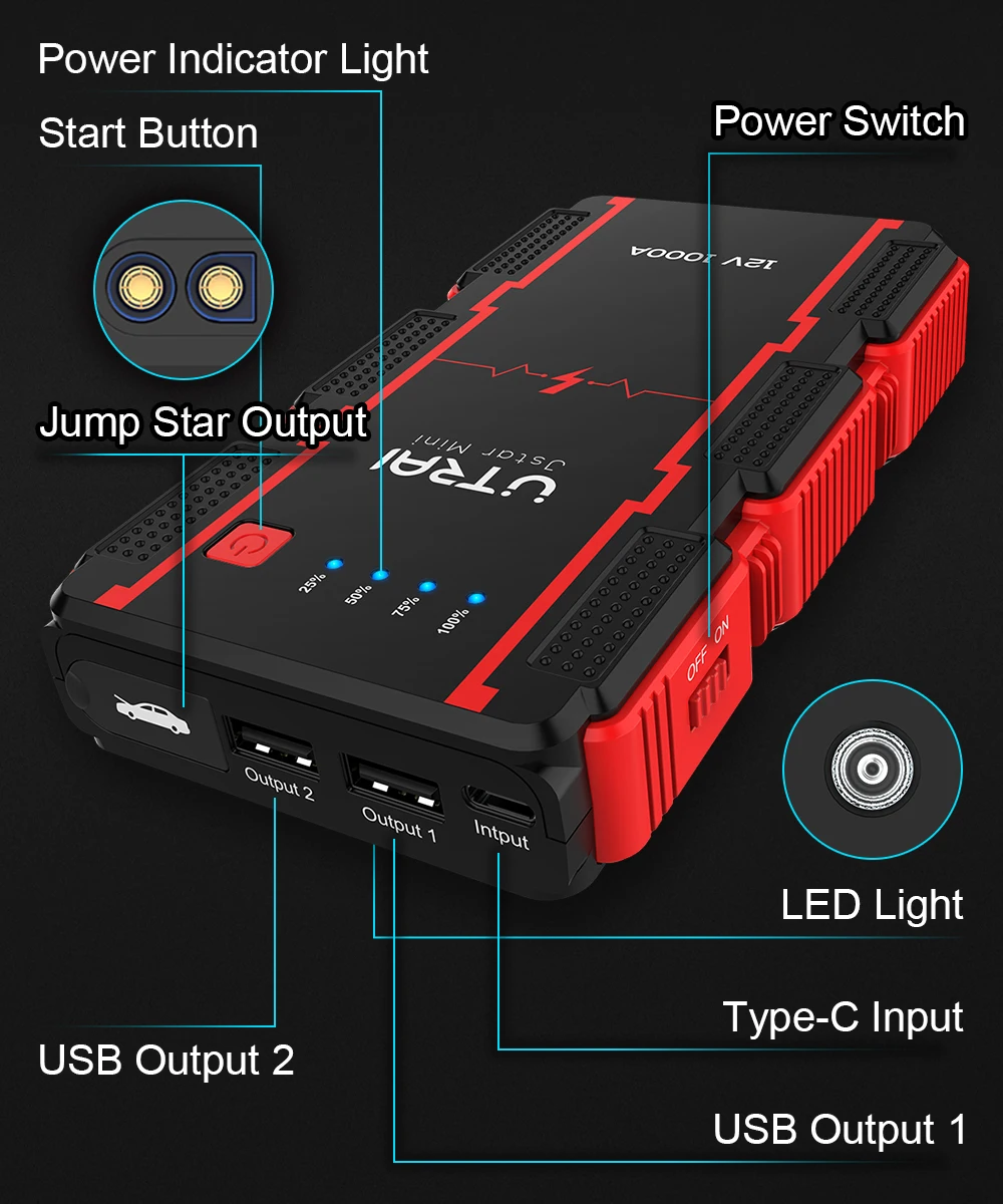 Utrai 1000A пиковое значение тока Jumpstart 12V/8A пусковое устройство power bank портативный автомобильный аккумулятор мини скачок стартер оптовая продажа с