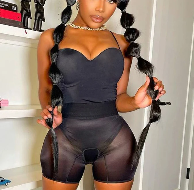 New Lingerie Arrivals Sling Bodysuit Mesh High Waist Short Pants Black 2 Piece Set Women