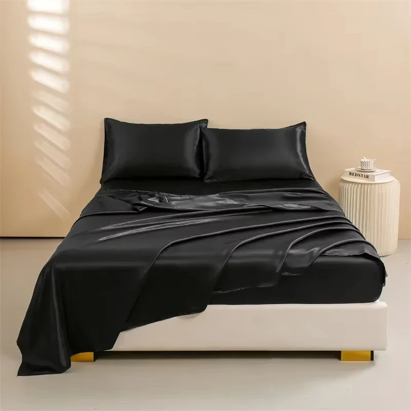 Satin Bed Sheets    Silky Bedding Set 1 Deep Pocket Fitted Sheet + 1 Flat Sheet + 2 Pillowcases