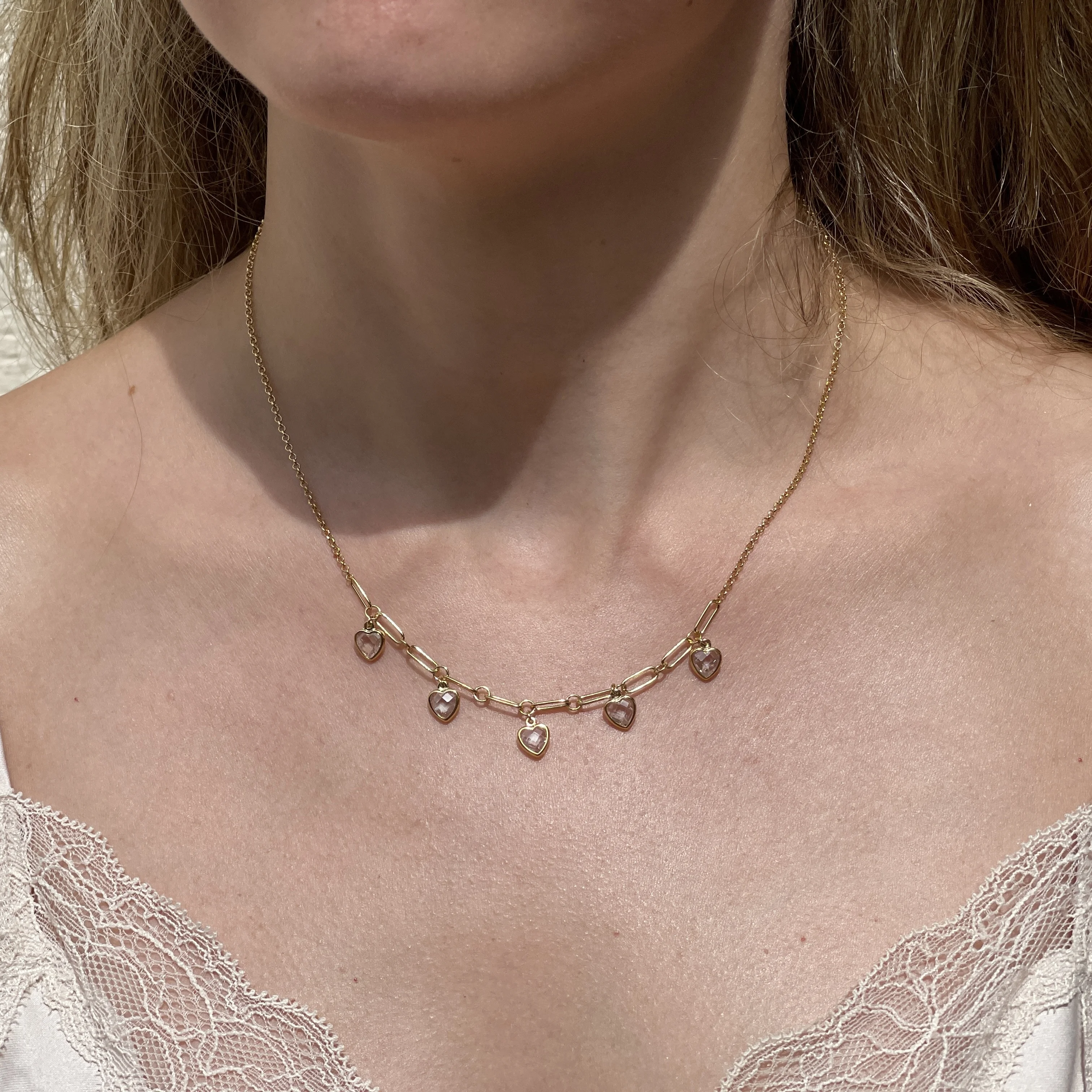 Handmade quality Choker Necklace Silver 18K Gold Plated Hanging Hearts Briolette Zircon Bezel Setting Stone Link Chain for women