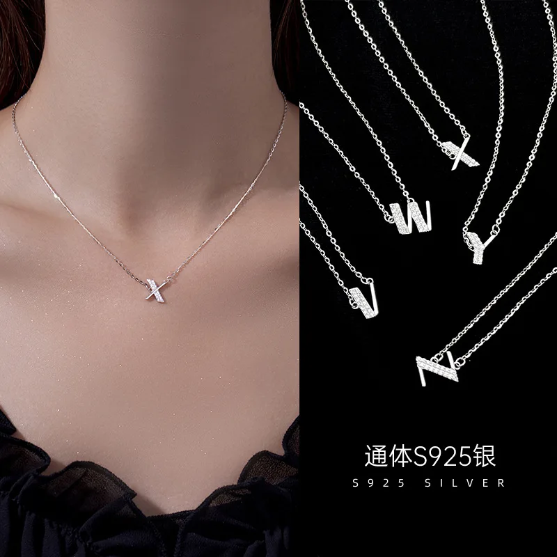 fashion jewelry 925 sterling silver minimalist necklace 26 letter alphabet diamond necklaces for women