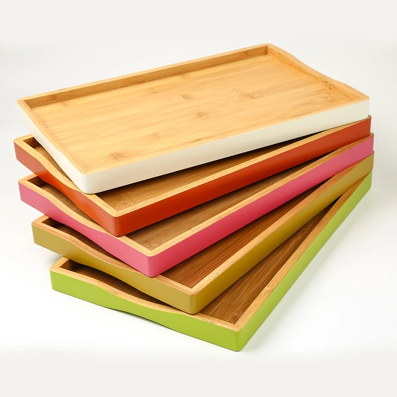 Large rectangle curve handle wooden platter bamboo serving tray with color edge