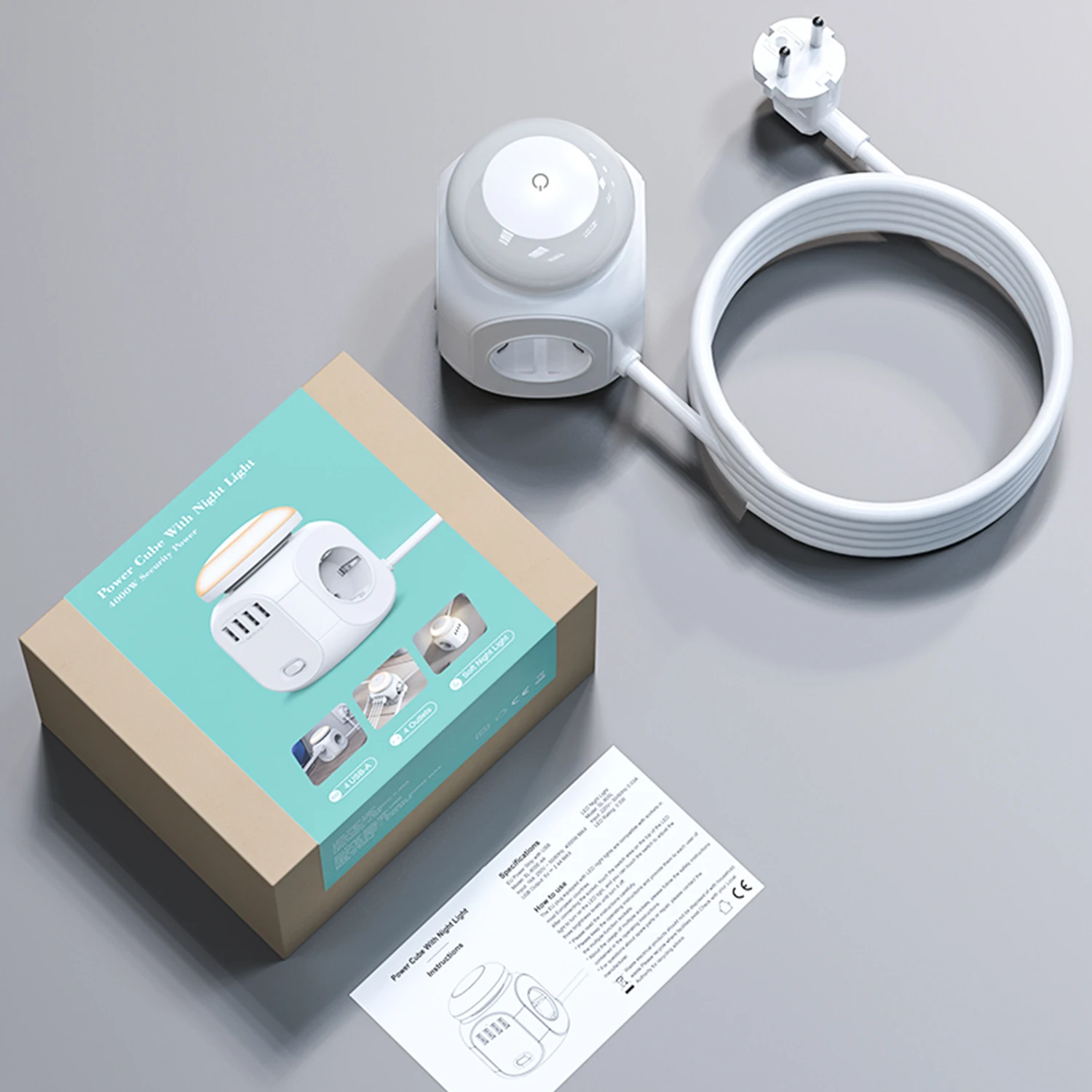2022 new OEM EU cube power strip desktop outlet extension lead with 4 USB 4 outlets with night light