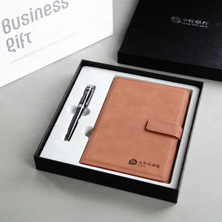 High Quality Luxury Customized Gift Set A5 Size PU Leather Planner Notebook with Metal Pen