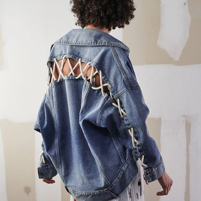 Fashion Autumn New Street Style Coat Loose Rope Tie Lapel Casual Jacket Denim Jacket for Women