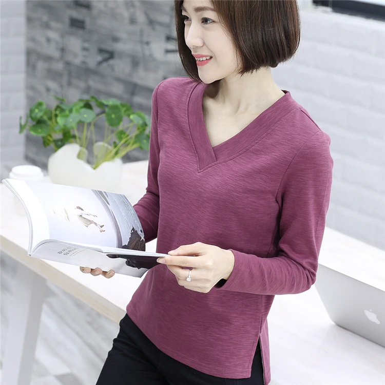
Modern Design Fashion Casual Long T-Shirts With Printing Long Sleeve T Shirt Cotton V-Neck Women T Shirt 