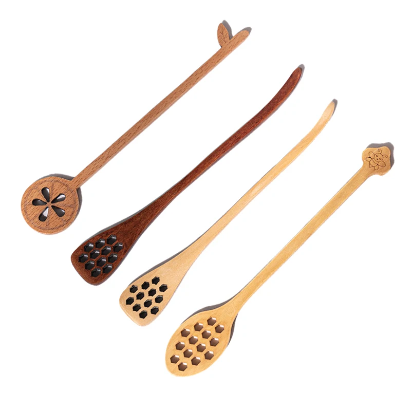 Creative Product Wooden Honey Dipper Long Handle Spoons Mixing Stirrer Honey Stick Tea Milk Coffee Dessert Honey Spoons