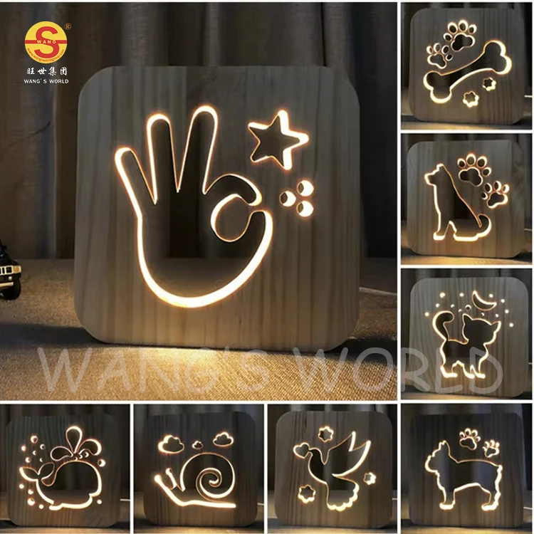 Kids Baby Holiday Gift Novelty Dog Design Wooden Carved Lamp 3D Creative LED USB Power Night Light