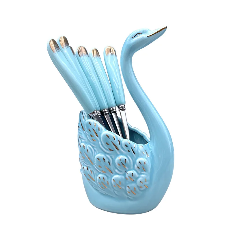 High Quality Stainless Steel Porcelain Handle Western food Spoon Fork Swan base Tableware