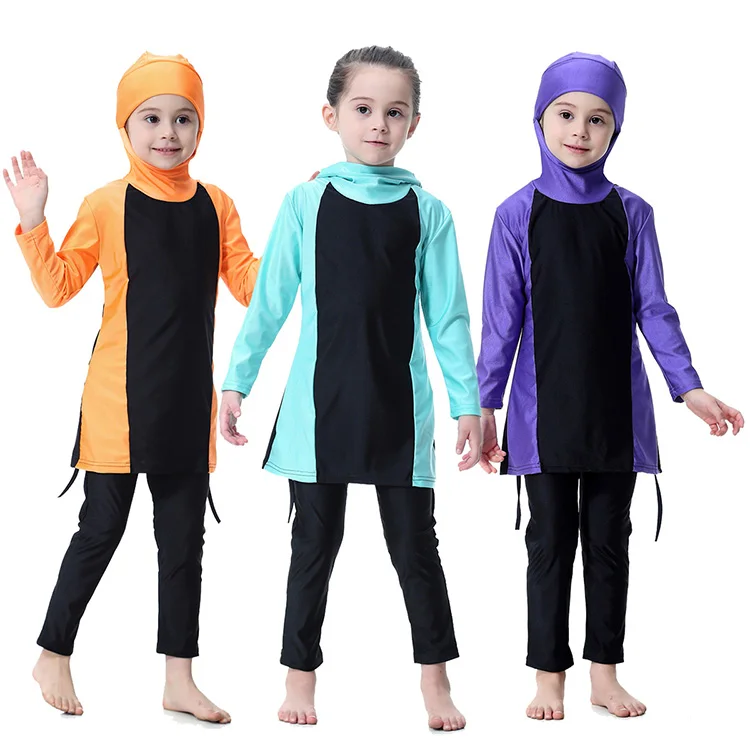 Hot Girl Modest Swimsuit With Hood Kids Long Sleeve Burkinis Maillots De Bain Modestes Children Full Coverage Hoodie Swimsuit