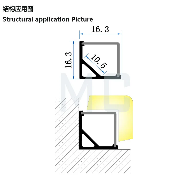 45 degree triangle led aluminum profile with flexible strip for corner lighting 16*16mm