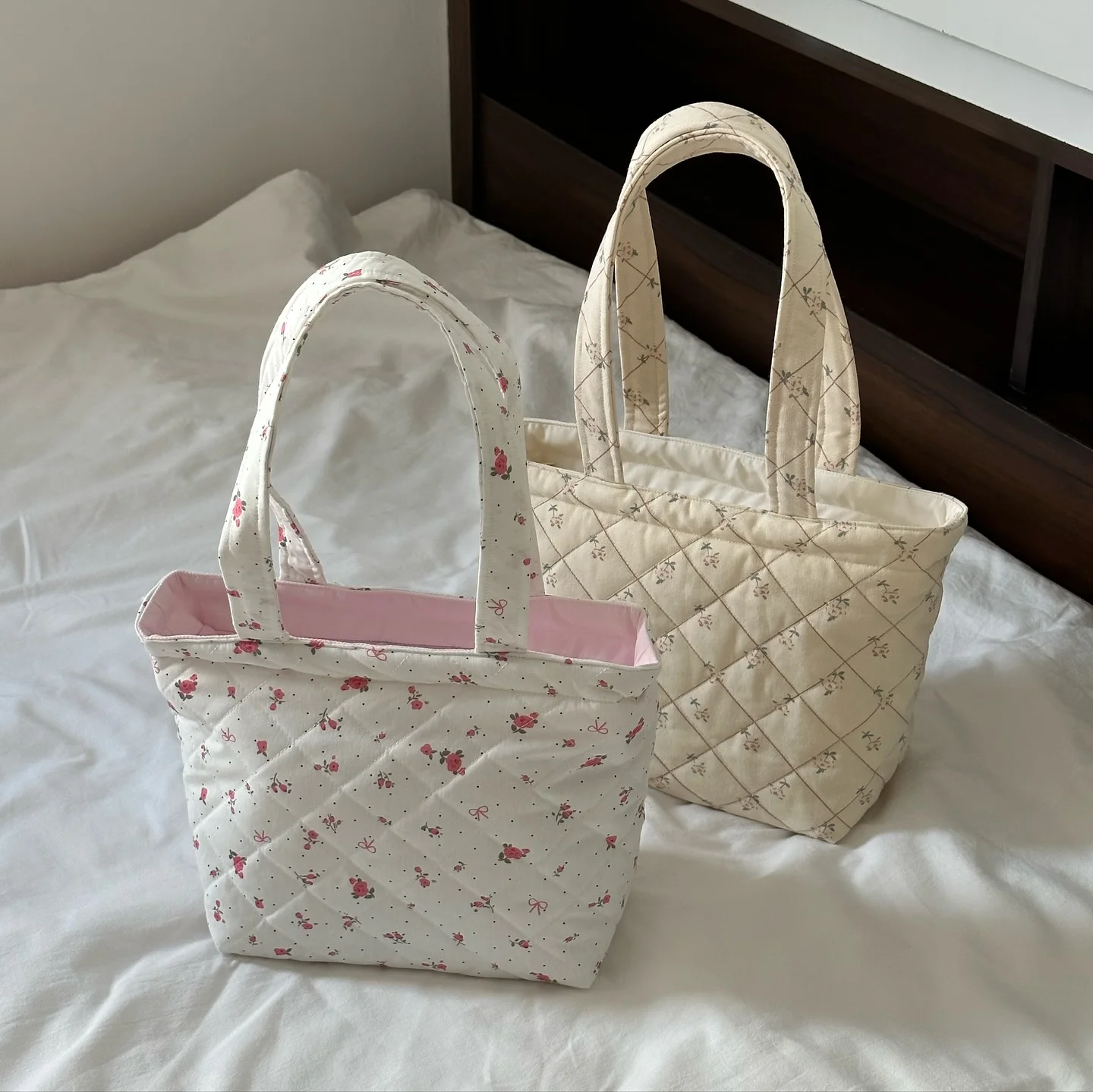 Custom Size Logo Floral Print Cotton Puffy Quilted Padded Women Shoulder Tote Shopping Bag With Zipper