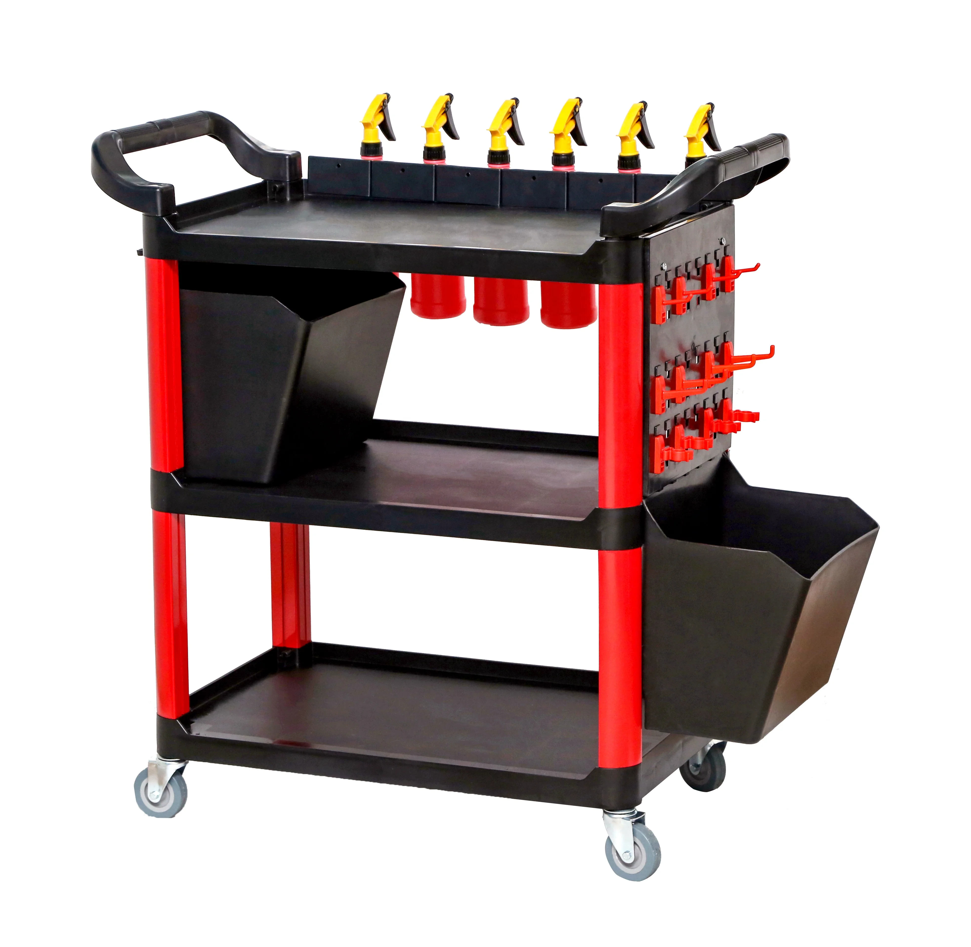 Utility 3 tier rolling hand push tool cart trolley with wheels for service detailing car wash beauty waxing janitorial  plastic