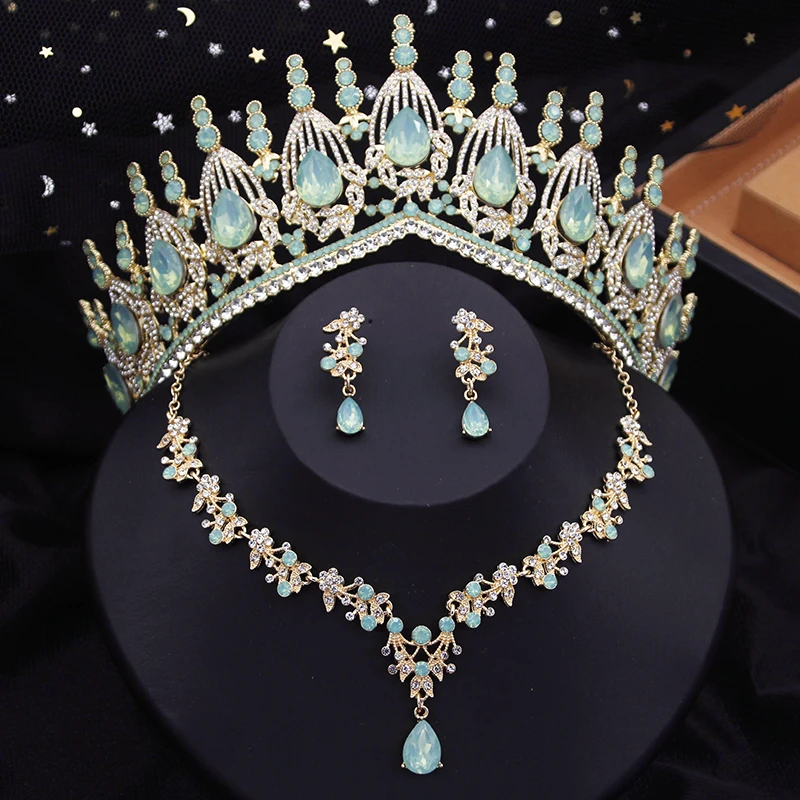 Romantic Blue Crown Wedding Bride Jewelry Sets Opal Necklace Earrings Tiara Sets