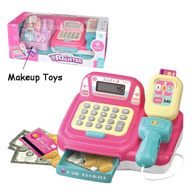 QS OEM ODM Educational Toy Kids Pretend Play  Real Calculator Cash Register Toy With Music Scanner Credit Card Reader Microphone