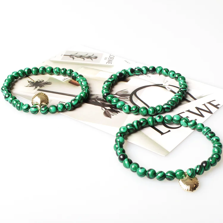 Qingdao V&R Jewelry Smykker Stretchable Elastic Green Marbled Beaded Metal Sea Shell Bracelet Set Acrylic Resin Lucite Bracelets