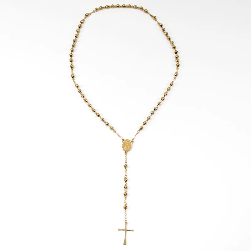 Religious Catholicism 4mm Beads of Notre Dame Cross Gold Stainless Steel Necklace