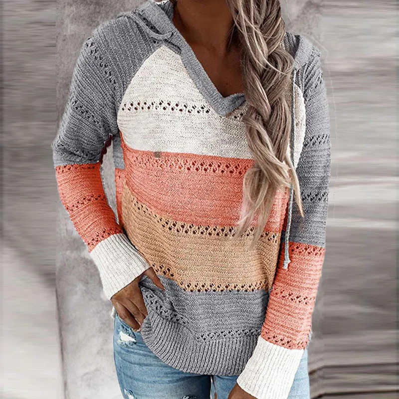 Wholesale Lady V  Neck Striped Color Matching Sweater for Women Fashion Patchwork Sweaters
