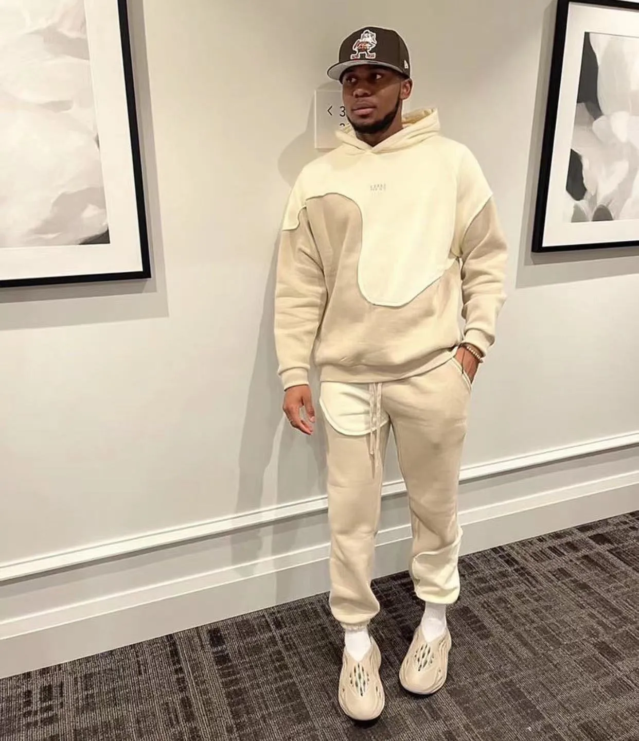 Patchwork Two Tone Hooded Sweatshirts Sweat Pants Jogger 2 Piece Men Tracksuits Set Custom Fleece Sweatpants And Hoodie Sets