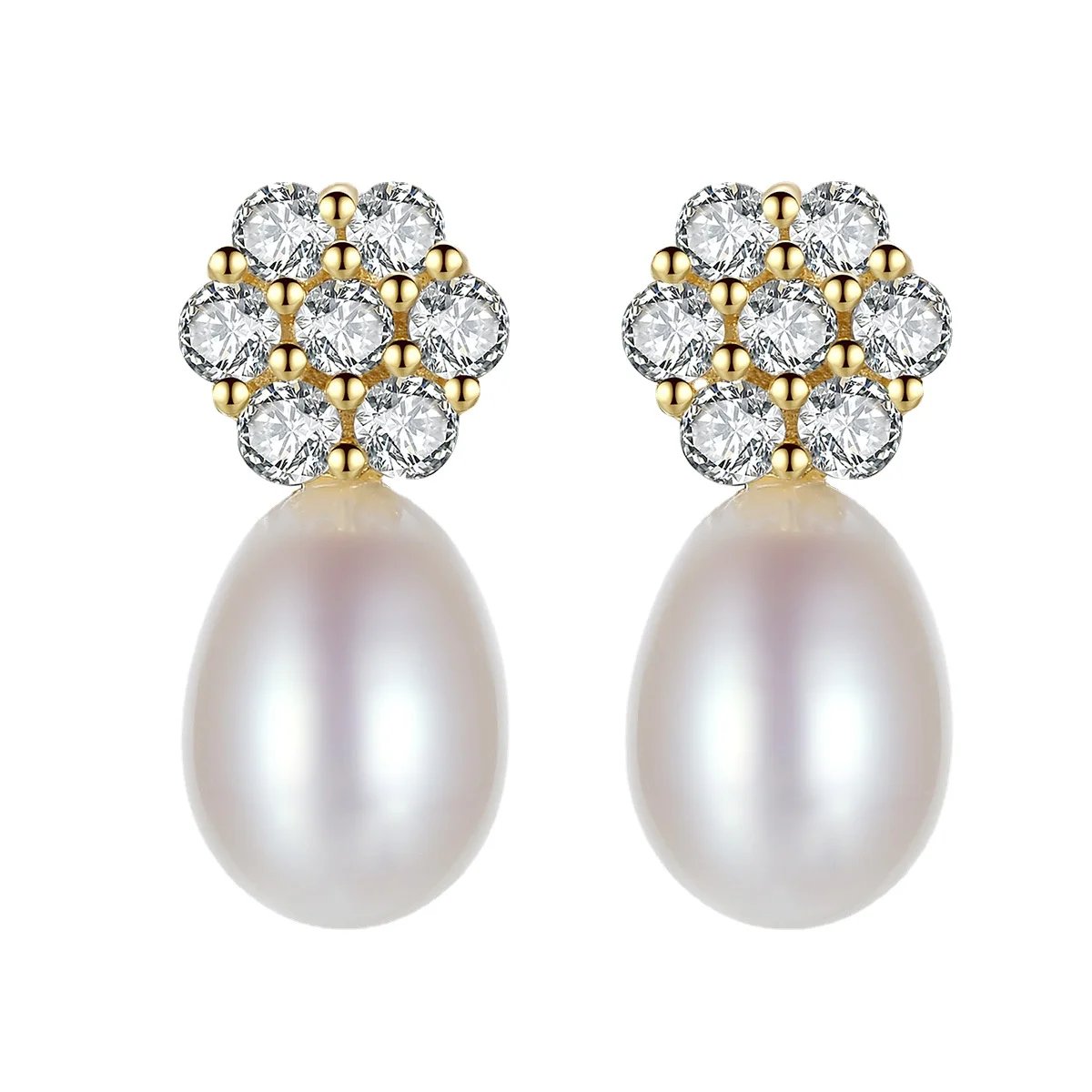 Custom Trendy 925 Sterling Silver Micro Inlay Zircon Flower Design Studs Earrings Simple Fresh water pearl Dangle Earrings Women