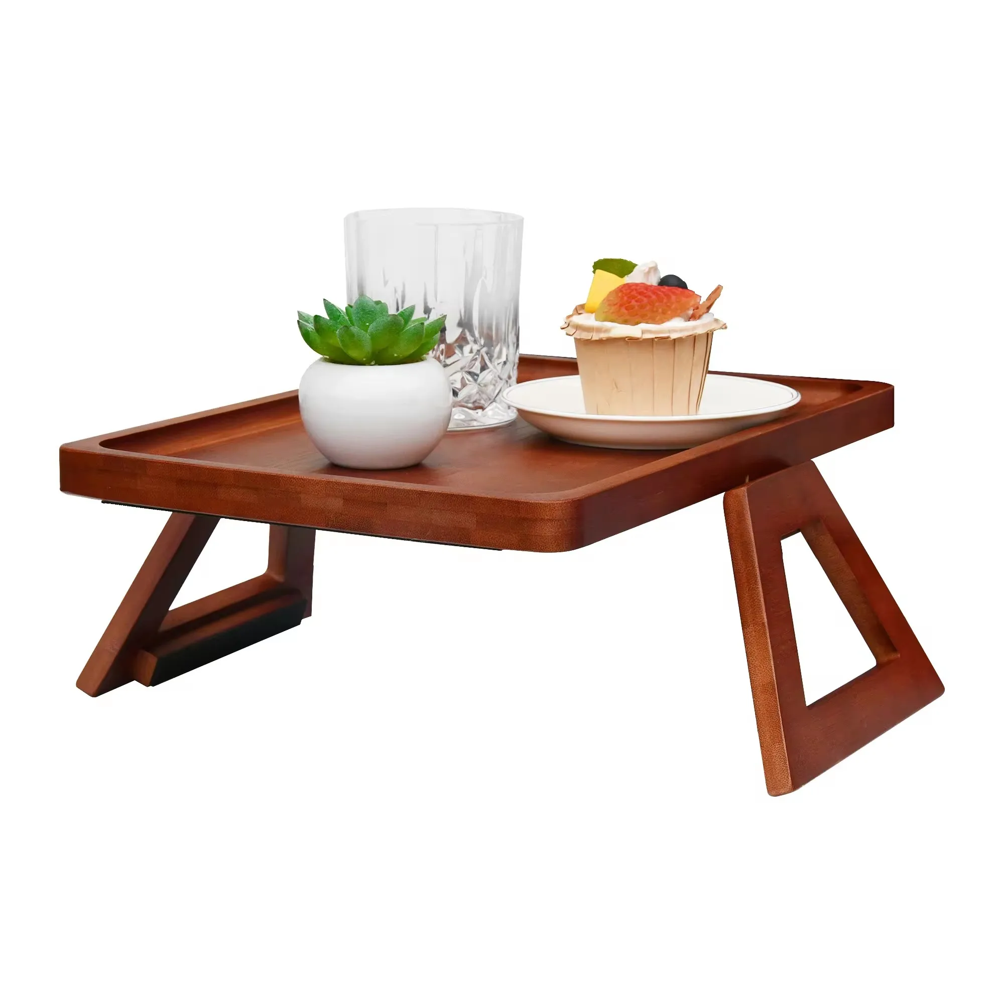 Youlike Acacia Couch Arm Table Sofa Armrest Tray Folding Snack Table with 360 Rotating Phone Bracket