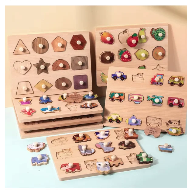 Alphabet Shape Numbers Zoo Fruits Sea Animals Dinosaur Chunky Wooden Peg Puzzles Puzzles for Toddlers