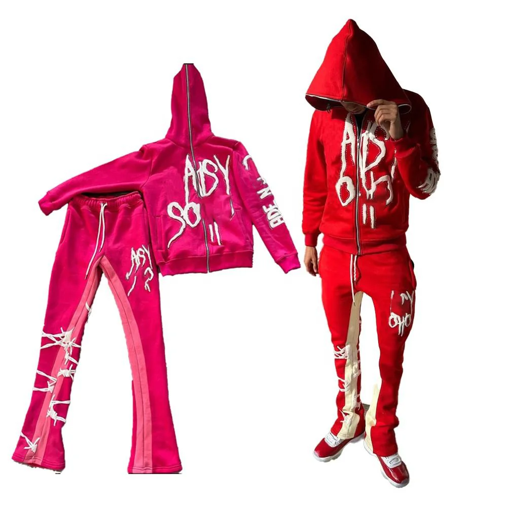 High Quality Custom Logo Screen Print Transfers Full Face Zip Hoodie Rhinestone Wholesale Patchwork Puff Print Tracksuits For Me