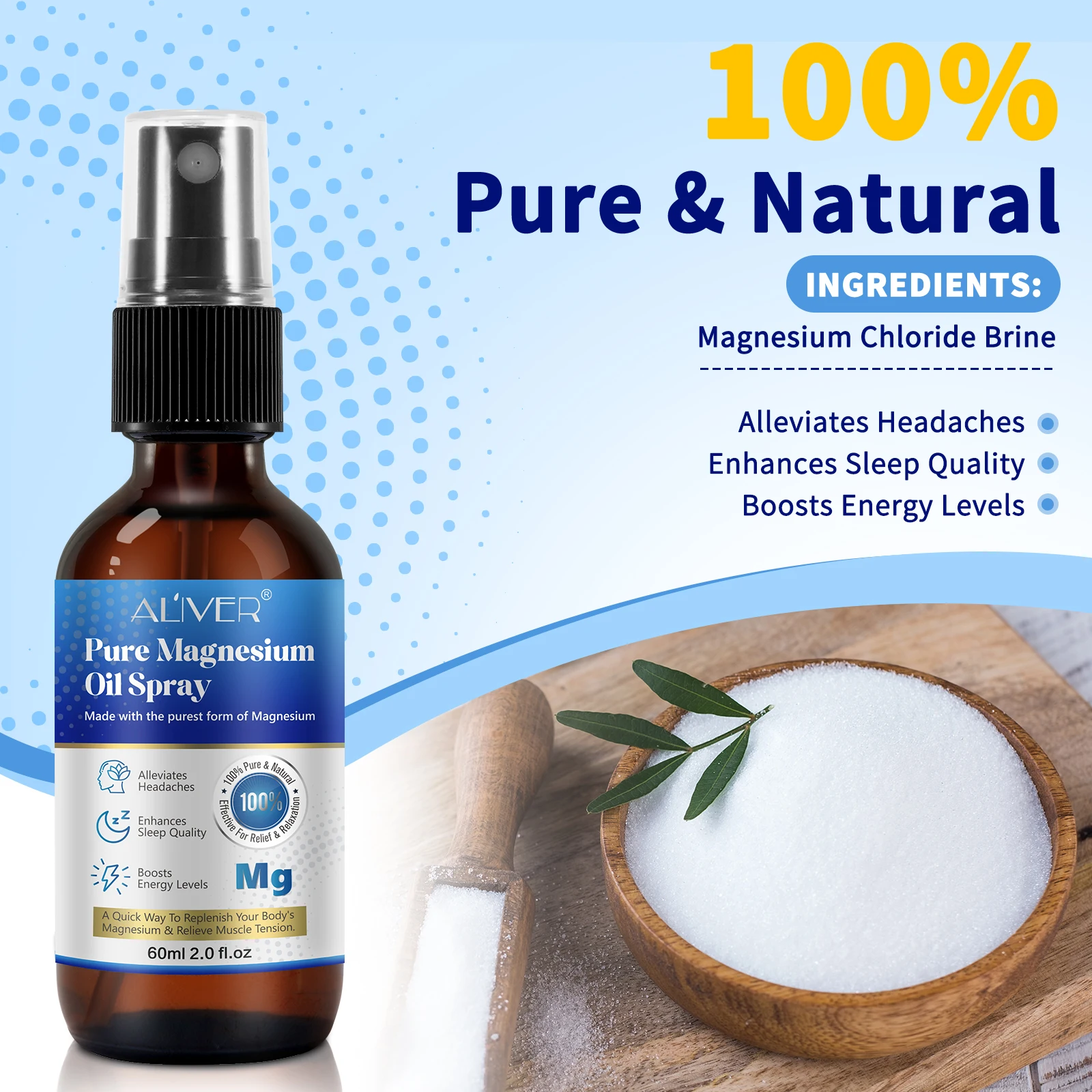 100% Natural Enhances Sleep Quality Alleviates Headaches Boosts Energy Levels Pure Magnesium Oil Spray