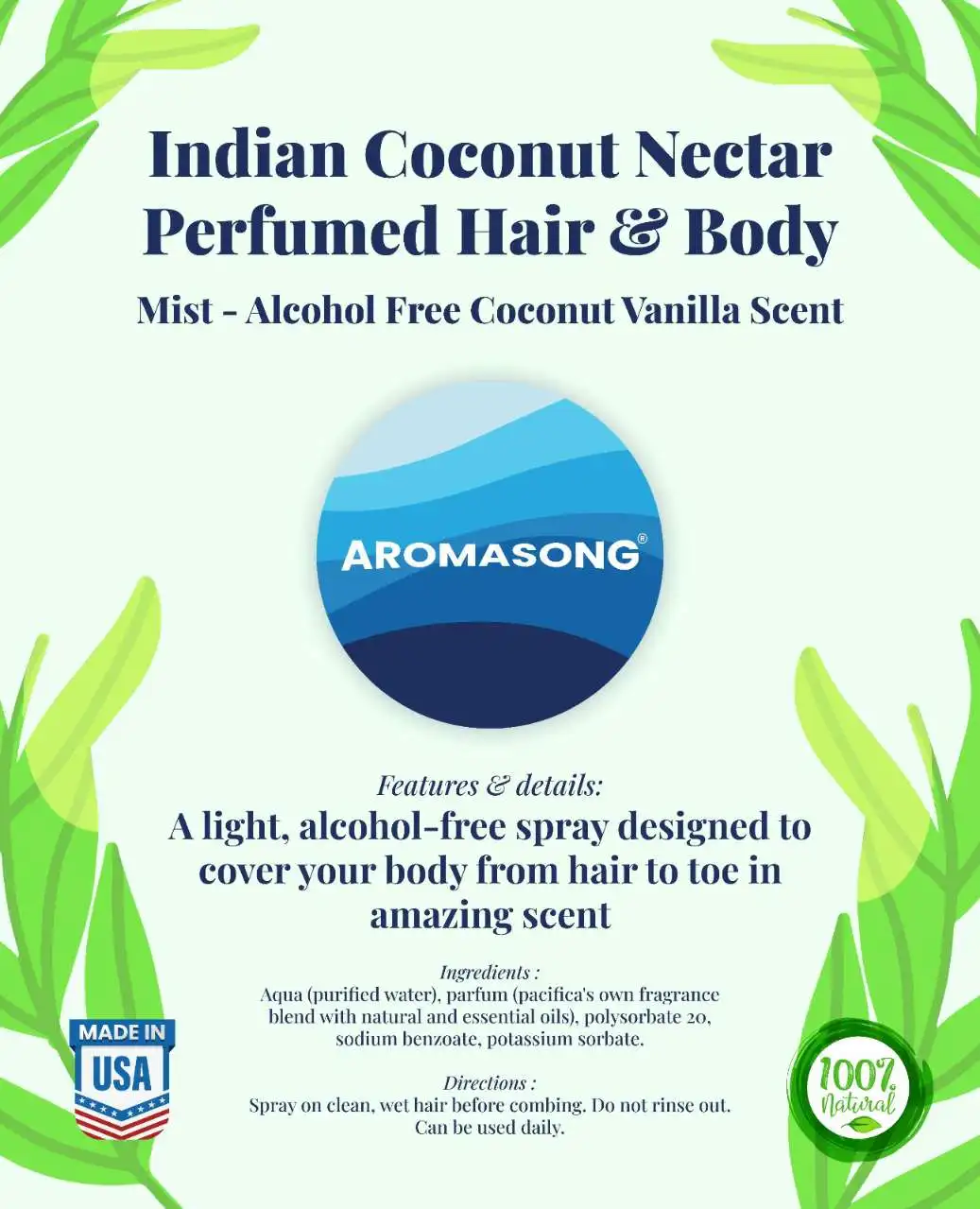 Private Label Top Quality Indian Coconut Nectar Perfumed Hair & Body Mist For Both Men & Women Made In USA Custom Logo