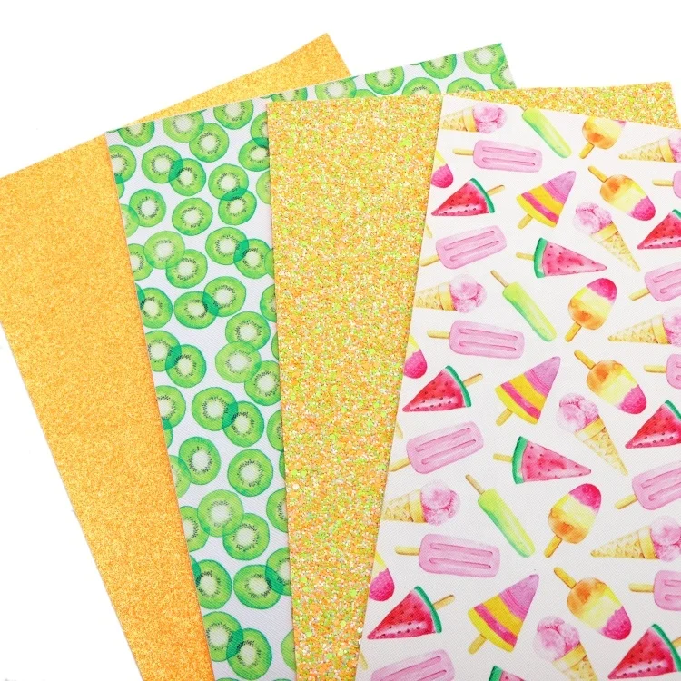 4pcs/set Fruit Kiwi Popsicle Print Yellow Faux Leather Material Mix Glitter Sheets Synthetic Leather Fabric For Diy 1187519