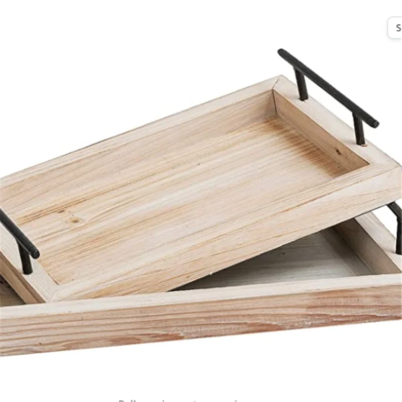 Set of 2 with Metal Handle for Eating Breakfast Coffee Table Wooden Serving Food Ottoman Trays Wooden Display Tray