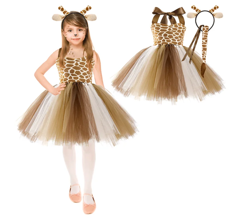 Halloween Jungle Party Animal Costume for Girls 1-10 Years Giraffe Black Cat Leopard Tiger Safari Birthday Dress Tutu