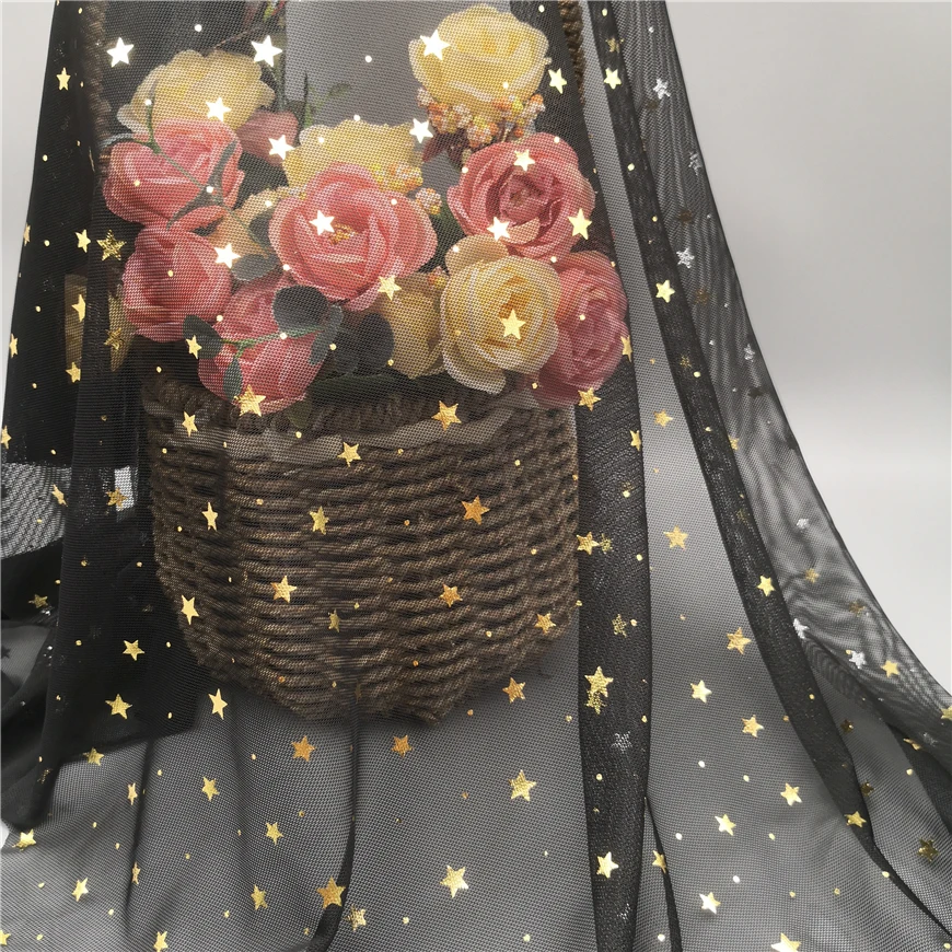 New Fashion High Quality Stamping Golden Star Foil Fabric Stretchy Black Mesh Fabrics Punching Sequin Tulle Cloth