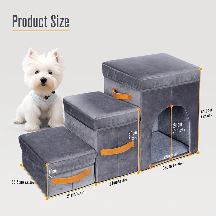 Luxury 3 layers dog stairs gray durable pet ramp steps with storage function for high sofa
