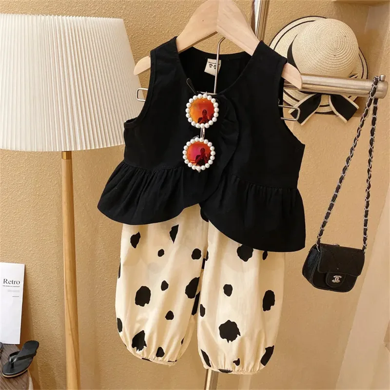 Summer Girls Clothing Set Korean Fashion Style Sleeveless Irregular Tank Top+Large Wave Dot Mosquito Proof Pants Kids Suit