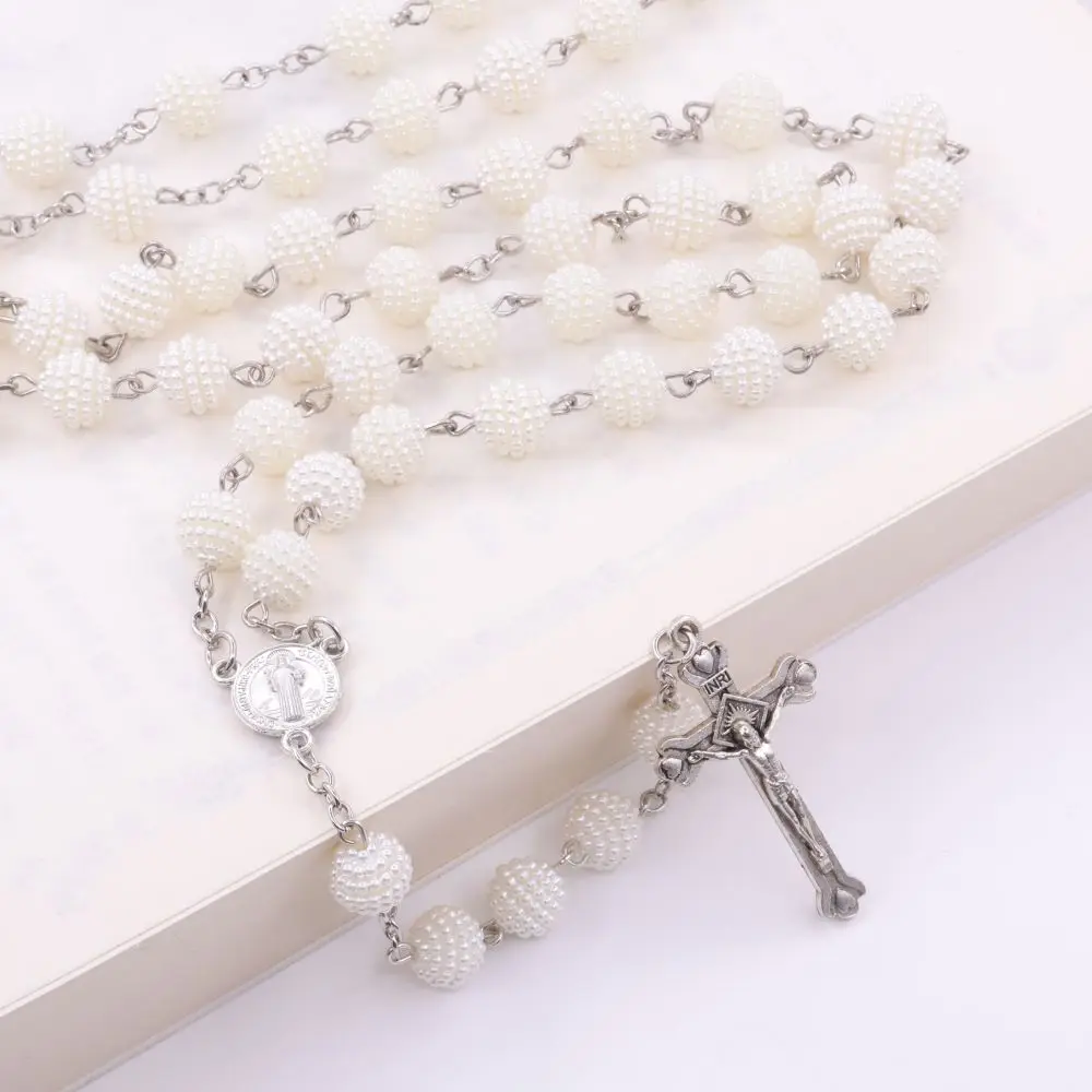 JC Wholesale 10mm Christian Plastic beads Pearl rosary Cross necklace Wedding prayer beads