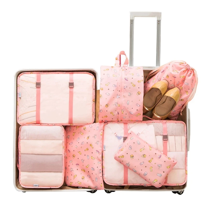 7-Pcs Fashionable Travel Packing Cubes Set Waterproof Luggage Organizers with Shoe and Toiletry Bag Pure Pattern Duffle Bag