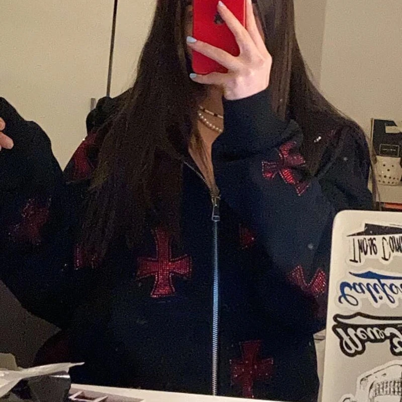 Rhinestone Gothic Streetwear Green Zipup Hoodie Hip Hop Joggers Sweatshirt Korean Fashion Punk Sport Coat Pullover