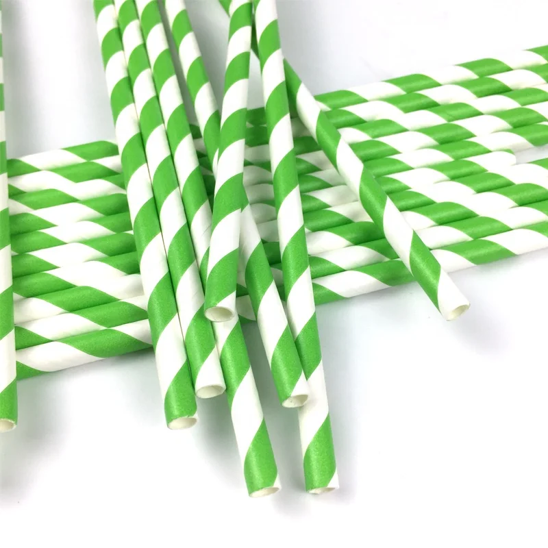 200 Pack Biodegradable Green and White Striped Paper Straws