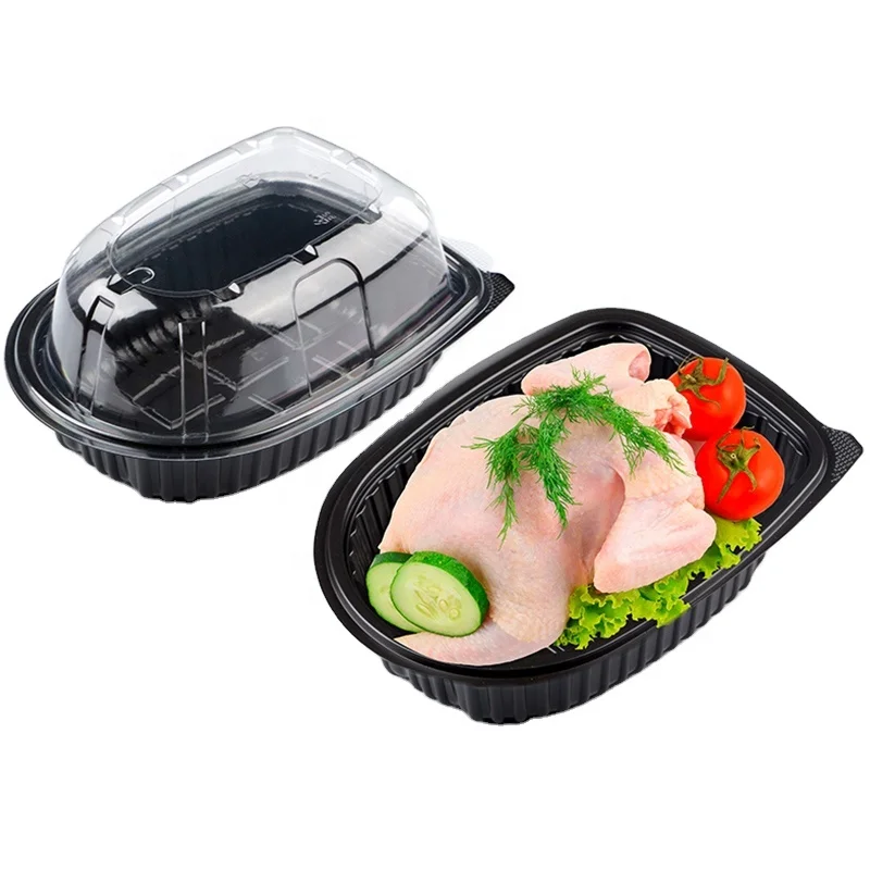 High-capacity disposable plastic PP black container with transparent cover for packing tray of roast chicken box