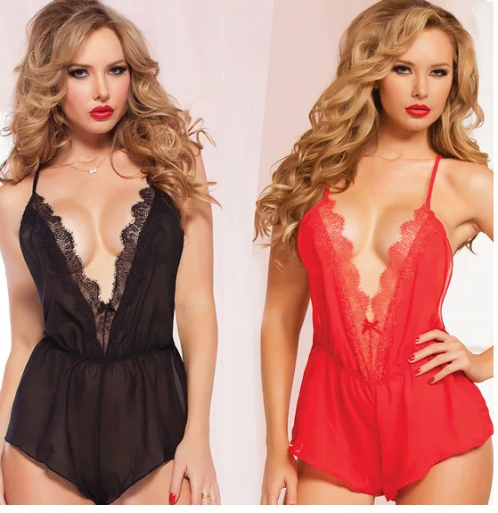 European and American Sexy Appeal Eyelash Lace Deep V Woman Backless Seduction Halter Belt Pajamas