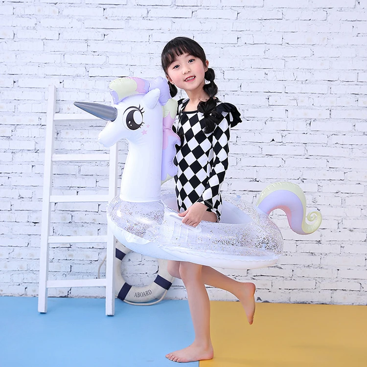 FQY Animal Shaped Transparent Sequins Pony Inflatable Baby Seat Swimming Ring With Air Bag