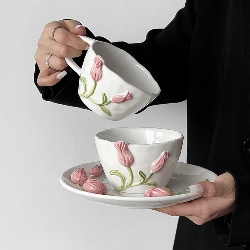 French Style Relief Ceramic Tulip Pattern Coffee Cups And Dessert Plate Set Milk Glass Coffee Mug