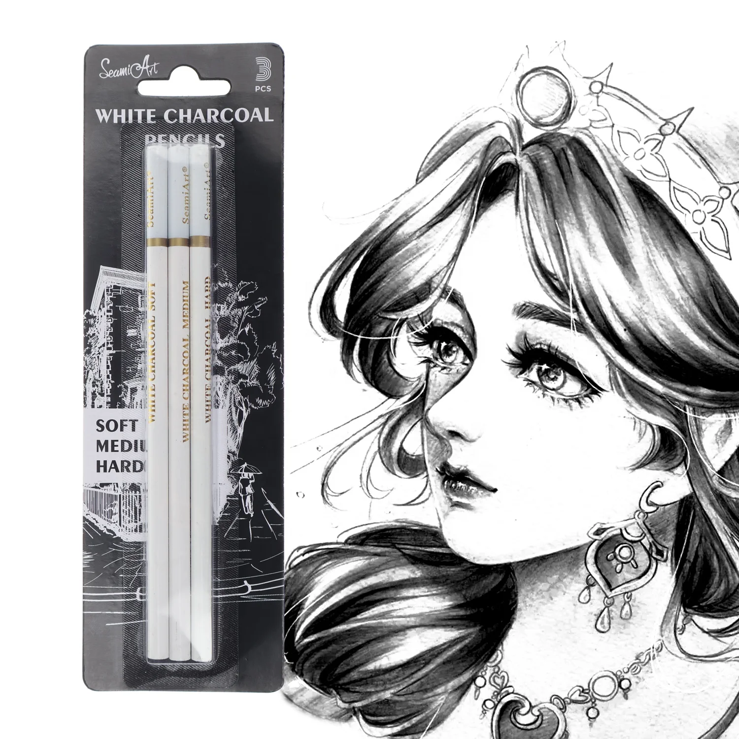  Seamiart 3pcs Hard/Medium/Soft White charcoal pencil wooden set for sketching drawing pencils office school